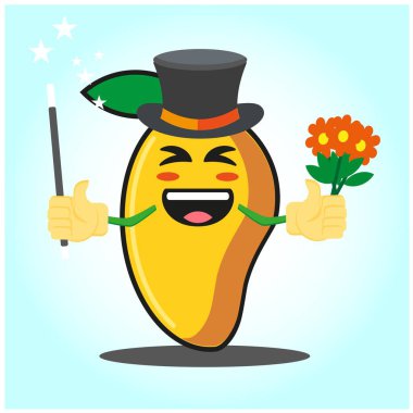 Sihirli sopası ve çiçek tasarımı olan sevimli mango sihirbazı çizgi film karakteri