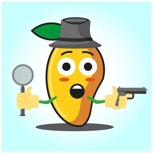 Leuke Mango Detective Gezicht Cartoon Karakter Afbeelding Ontwerp — Stockvector