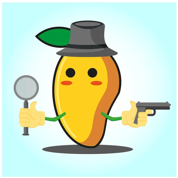 Leuke Mango Detective Gezicht Cartoon Karakter Afbeelding Ontwerp — Stockvector