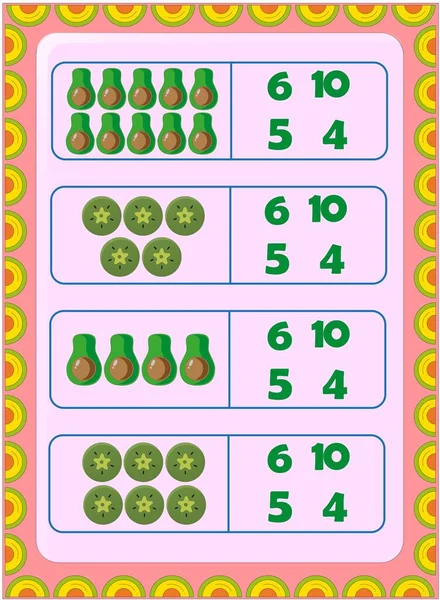 Mathe Für Vorschulkinder Mit Halber Avocado Und Kiwi Scheibe — Stockvektor