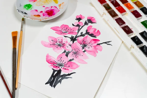 Rama de dibujo de acuarela de sakura floreciente con flores rosadas — Foto de Stock