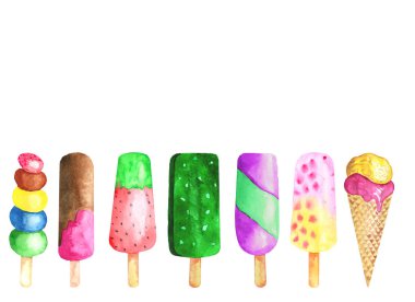 7 dondurmadan farklı dondurma çeşitleriyle suluboya çizimi