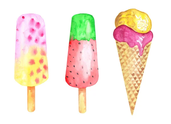 Watercolor illustration of summer Ice creams with different types of ice-creams