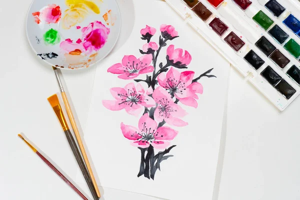 Pohled shora na malované akvarel obrázek růžových květin — Stock fotografie