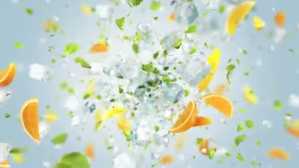 Exploding Frosted Ice Cube Fruits Leafs — Stock Video