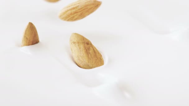 Almonds Nuts Falling Liquid Yoghurt Super Slow Motion — 비디오