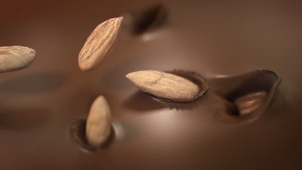 Amandes Noix Tombant Dans Chocolat Liquide Super Slow Motion — Video