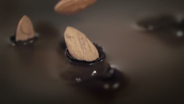 4K超スローモーションで液体チョコレートに落ちるアーモンドナッツ — ストック動画