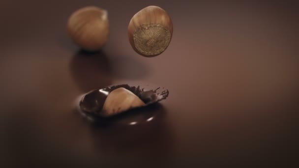 Φουντούκια Που Πέφτουν Υγρή Σοκολάτα Πολύ Αργή Κίνηση — Αρχείο Βίντεο