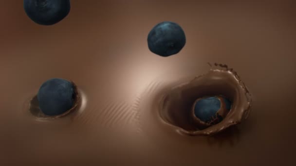 Blueberries Falling Liquid Chocolate Super Slow Motion — Stock Video