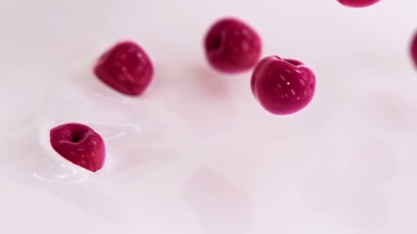Cherries Splashing Liquid Cream Super Slow Motion — Video Stock