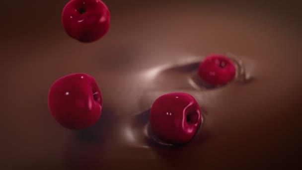 Cerises Éclaboussant Dans Chocolat Lait Liquide Super Slow Motion — Video