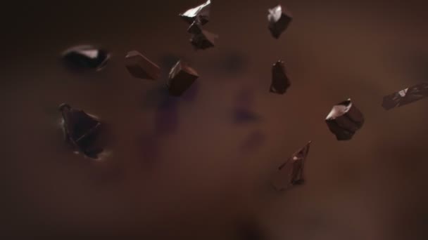 Pièces Chocolat Éclaboussant Dans Chocolat Noir Liquide Super Slow Motion — Video