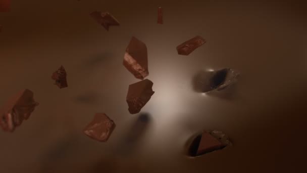 Morceaux Chocolat Tombant Dans Chocolat Liquide Super Slow Motion — Video