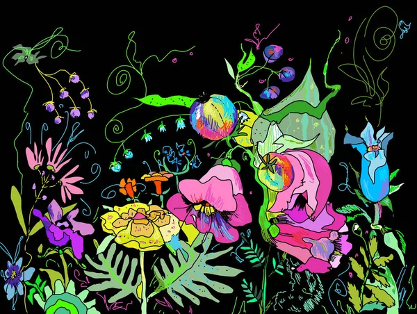 Illusztráció Gyerekeknek Vagy Textil Nyomtatás Bluebells Trópusi Gyümölcsök Bogyók Élénk — Stock Fotó