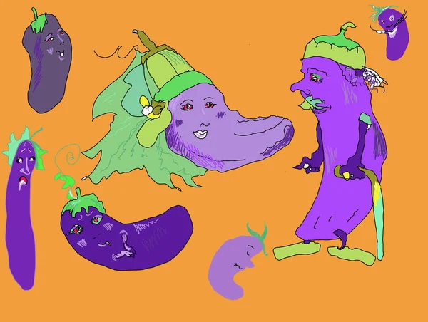 Sebze eğlenceli bitki yumurtaları aile karakterleri mor ve ornitorenk