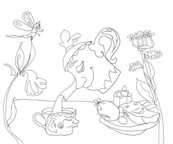 siyah ve beyaz illüstrasyon komik 5 oktanlı saat ya da kahvaltı ya da çay saati yüzleri ve duyguları ile