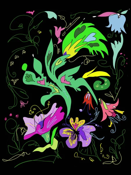 Csinos Madár Nap Hold Virágok Ezoterikus Költészet Téma Illusztráció — Stock Fotó