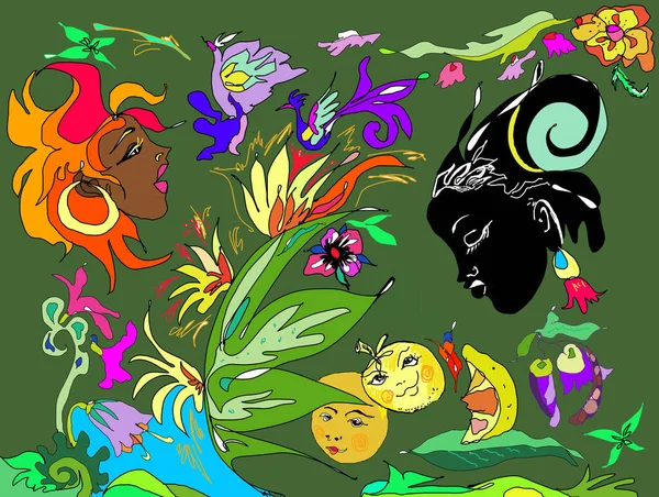 Güzel egzotik çiçekleri, çiçek açan tropikal çiçekleri, meyveleri, kadınların kafalarını, tropikal meyveleri, egzotik çiçekleri ve kadınları, kadınları, yüzü, insanların başını, duygularını, ritimlerini, yeşil arkaplanı olan Afrikalı tropikal rizm teması 