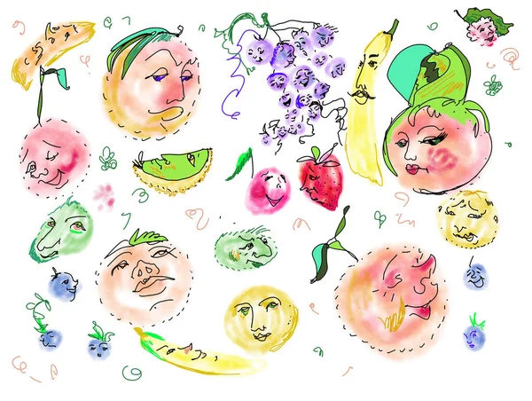 Beyaz sırtlı meyvelerin komik karakterleri, muzlar, üzüm, limon, limon, portakal, çilek, böğürtlen, elma, mango, hepsi yüzlerinde duygu olan meyveler.