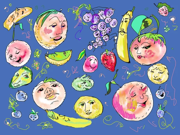 Mavi sırtlı meyvelerin komik karakterleri, muzlar, üzüm, limon, portakal, çilek, böğürtlen, elma, mango, hepsi yüzlerinde duygu olan meyveler, resimleme