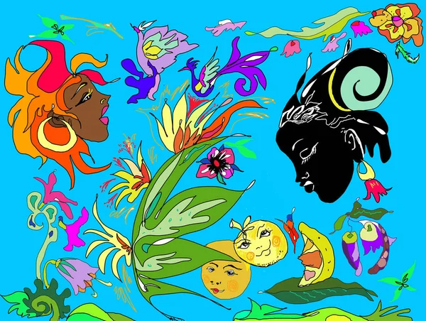 Güzel egzotik çiçekleri, çiçek açan tropikal çiçekleri, meyveleri, kadınların kafalarını, tropikal meyveleri, egzotik çiçekleri ve kadınları, kadınları, yüzü, insanların başını, duygularını, ritimlerini, yeşil arkaplanı olan Afrikalı tropikal rizm teması 