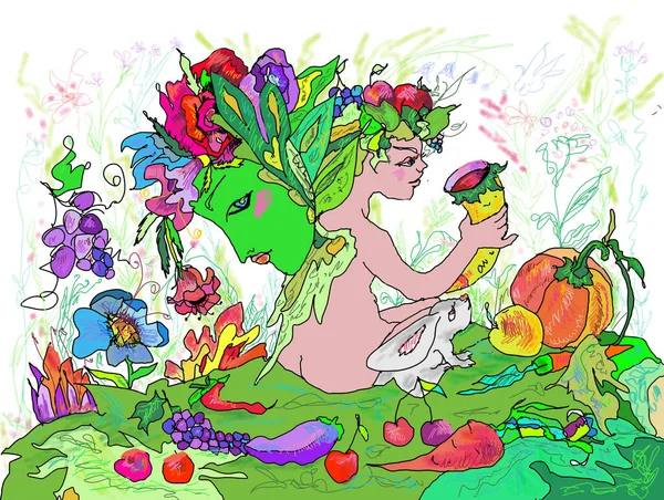 Mitoloji Toprakları, sebzeler, meyveler, periler ve Baküs resimleriyle bolluk .