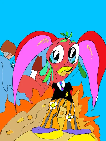 HEHe karakteri, mantar manzaralı fantezi kahramanı, parlak ve duygusal renkli karikatür çizimi