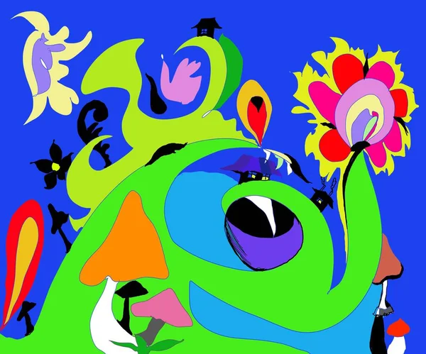 Enerji çevre dostu, mantarlar ve gözler, çiçekler ve yapraklar, ekoloji ve gelecek teması, dekoratif illüstrasyon