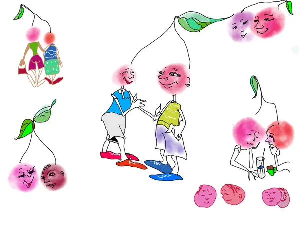 emotional talking cartoon chracters, cherries as people
