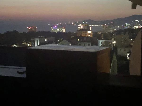 Vista Noturna Velha Janela Madeira Para Horizonte Mar Grande Caixa — Fotografia de Stock