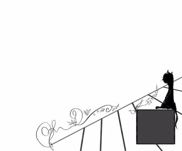 Kedi kutunun üstünde, siyah kedi silueti avlunun yanında bekliyor, merdivenlerde çiçekler.