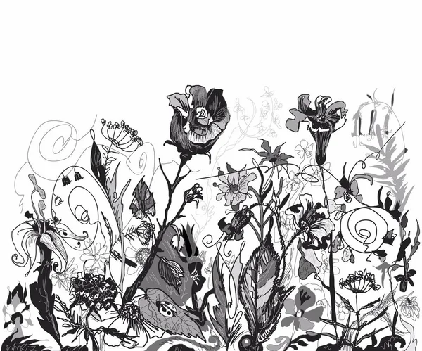 mürekkep ve kalem, gravür stili el çizim çiçekleri ve botanik teması