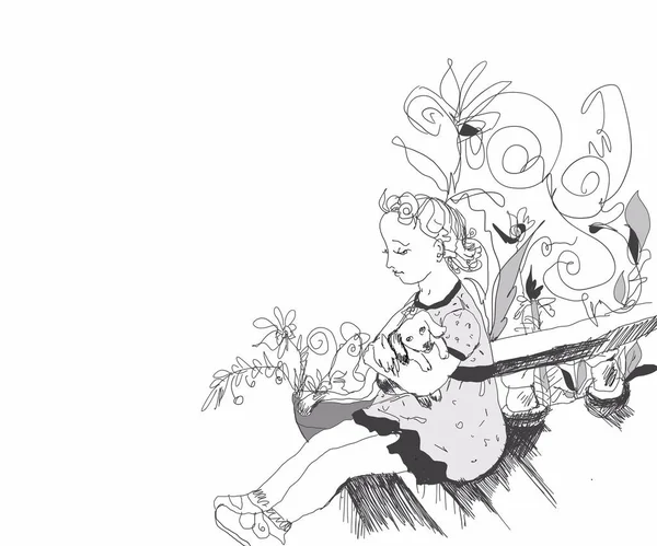 evcil hayvanı, el çizimi mürekkebi ve kalem çizimi olan izole bir kız.