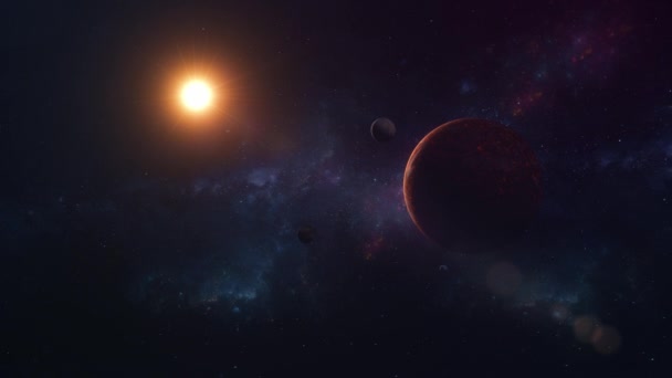 深い宇宙空間でのエイリアン火山惑星の宇宙シーン 3Dアニメーション — ストック動画