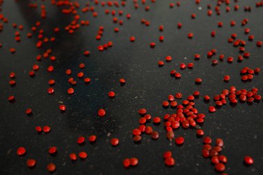 Kırmızı sandal ağacı (Adenanthera pavonina) tohumları siyah arka planda izole edilmiştir. Manchadi, Manjadi, Manjetti, Peacock çiçek çiti, Acacia Coral, Anikundumani, Bandi guruvenda, Barbados gururu, Barricarri.