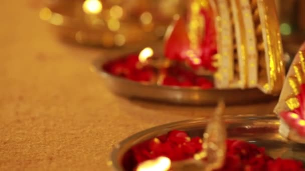 Wedding Ceremony Traditional Indian Hindu Marriage Ritual Red Flowers Attributes — Stock Video