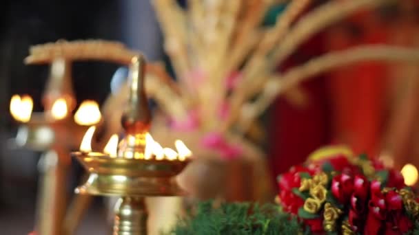 Ceremonia Boda Ritual Matrimonio Hindú Tradicional Con Flores Rojas Atributos — Vídeo de stock