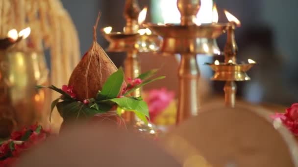 Wedding Ceremony Traditional Indian Hindu Marriage Ritual Red Flowers Attributes — Stock Video