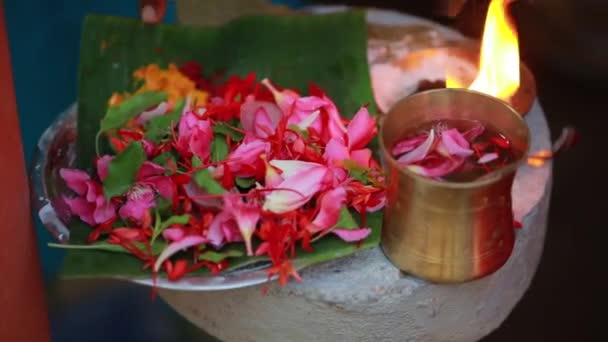 Свадебная Церемония Традиционный Индуистский Свадебный Ритуал Красными Цветами Атрибутами — стоковое видео