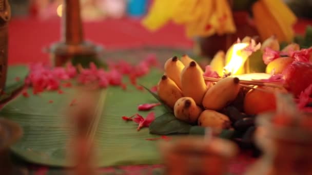 Wedding Ceremony Traditional Indian Hindu Marriage Ritual Red Flowers Attributes — Stock Video