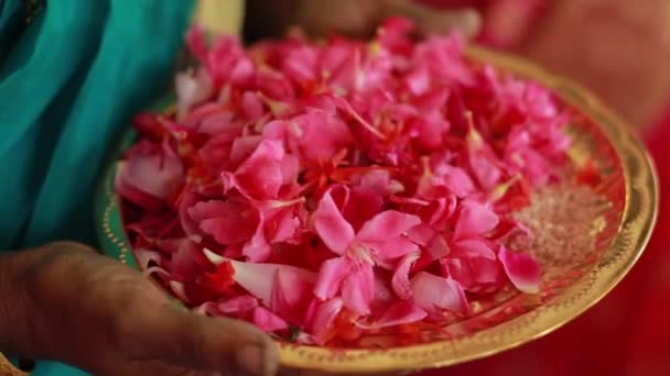 Ceremonie Nuntă Ritual Tradițional Indian Căsătorie Hindusă Flori Roșii Atribute — Videoclip de stoc