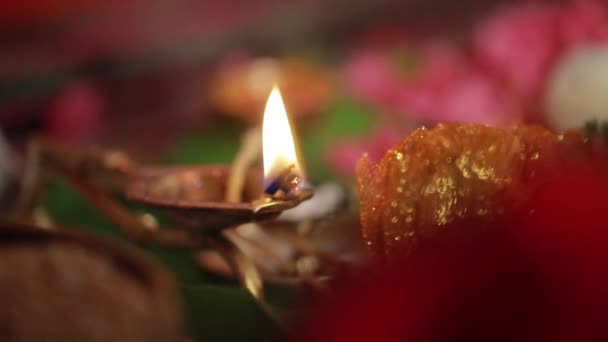 Bröllopsceremoni Traditionell Indiansk Hindu Äktenskap Ritual Med Röda Blommor Och — Stockvideo