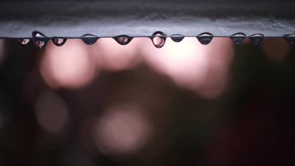 日当たりの良い側の家のマクロ雨滴ビデオ 雨滴のクローズアップ 地面に落ちる水滴 自然のボケの背景 — ストック動画