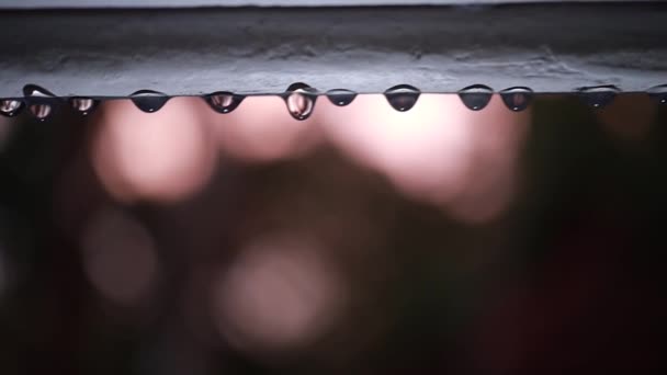 日当たりの良い側の家のマクロ雨滴ビデオ 雨滴のクローズアップ 地面に落ちる水滴 自然のボケの背景 — ストック動画