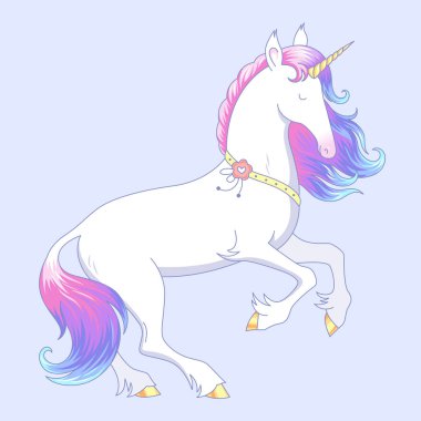 Zarif beyaz tek boynuzlu at arka ayakları üzerinde duruyor. Tek boynuzlu at menekşe yele ve kapalı gözler vardır. Mavi arka plan üzerinde çizgi film karakteri