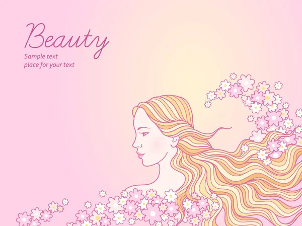 Blonde Long Wavy Hair Flowers Delicate Pink Background Illustration Beauty — Stock Vector