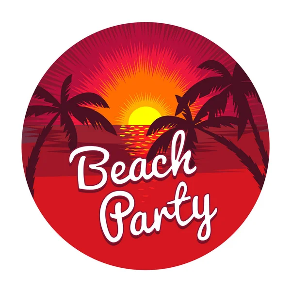 圆形标签与美丽的日落在热带海滩和 海滩党 在白色背景上隔离的插图 — 图库矢量图片