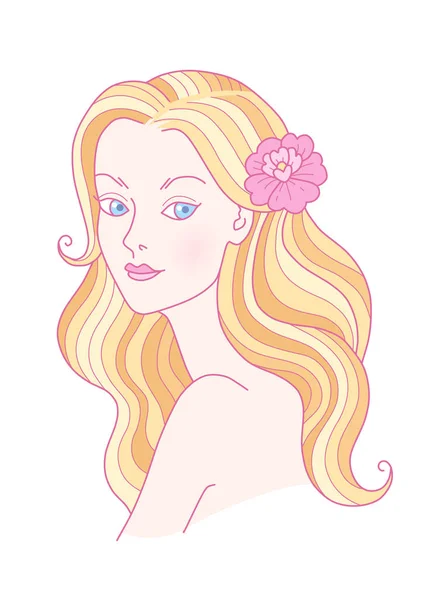 年轻美丽的 Blondy 女孩的肖像在她的头发花 白色背景上的卡通插图 — 图库矢量图片