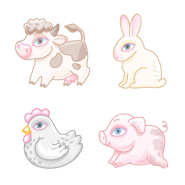 Ensemble Personnages Dessins Animés Mignons Vache Lapin Poulet Porc Ont — Image vectorielle